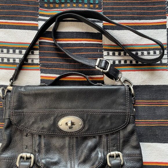 Y2K Fossil Black Leather Maddox Top Handle Crossbody Satchel Purse Handbag. - Picture 4 of 16